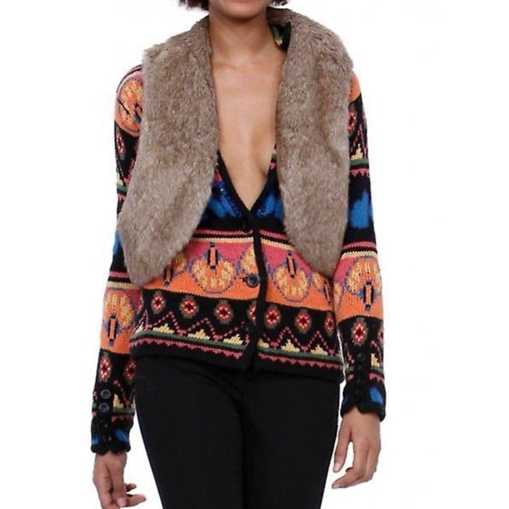 Desigual Micki Cardigan Sweater Faux Fur Collar Artsy Applique Boho Sz S